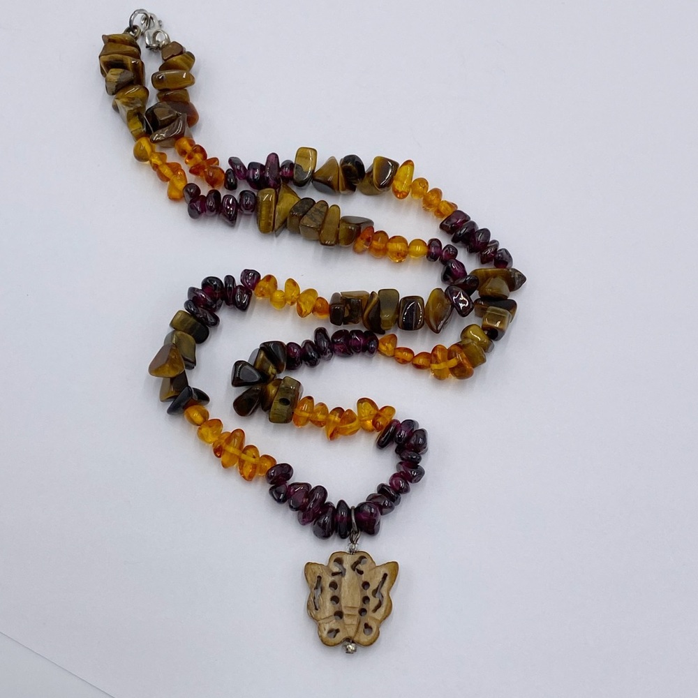 Sterling Silver Amber, Tiger Eye, Garnet Chip Beaded Necklace Butterfly Pendant
